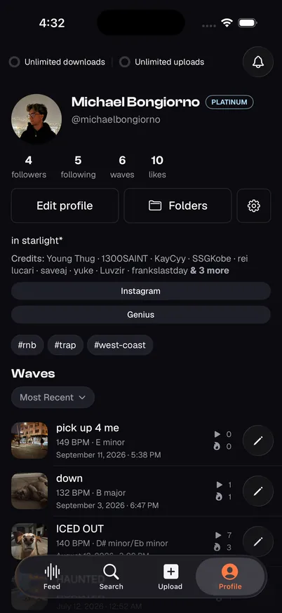 A producer profile: quota rings, tier badge, credits, links, and the list of their Waves with BPM and key.