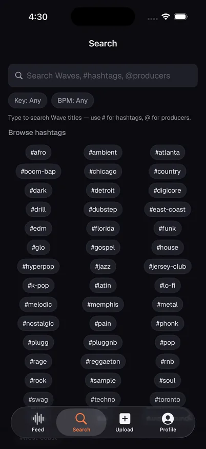 Search with key and BPM filters and a grid of browsable hashtags.