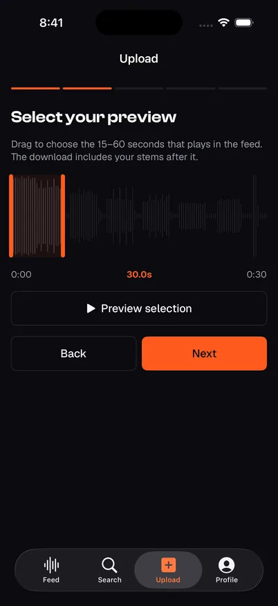 The upload trimmer: a waveform of the whole file with a 30-second selection window and a Preview selection button.
